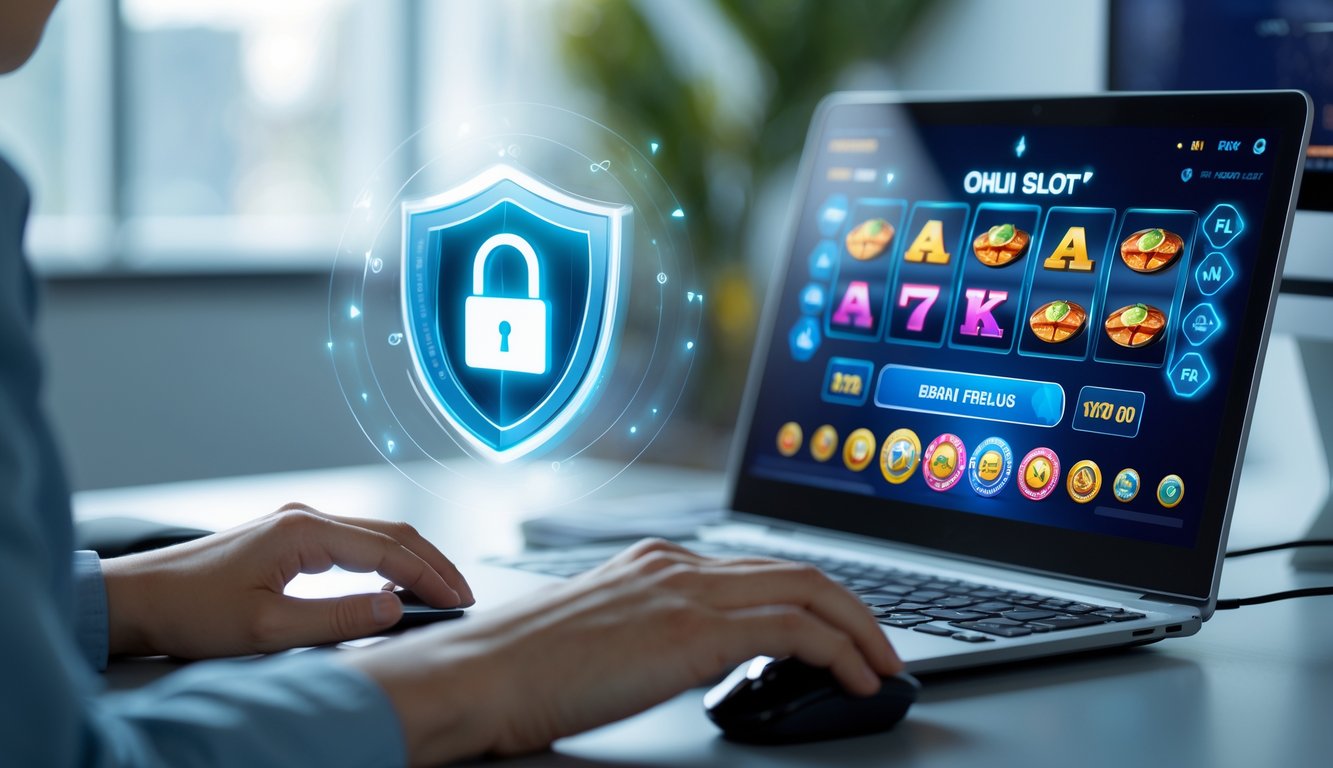 Seorang pengguna komputer sedang bermain permainan slot online di laptop dengan latar belakang simbol keamanan digital.