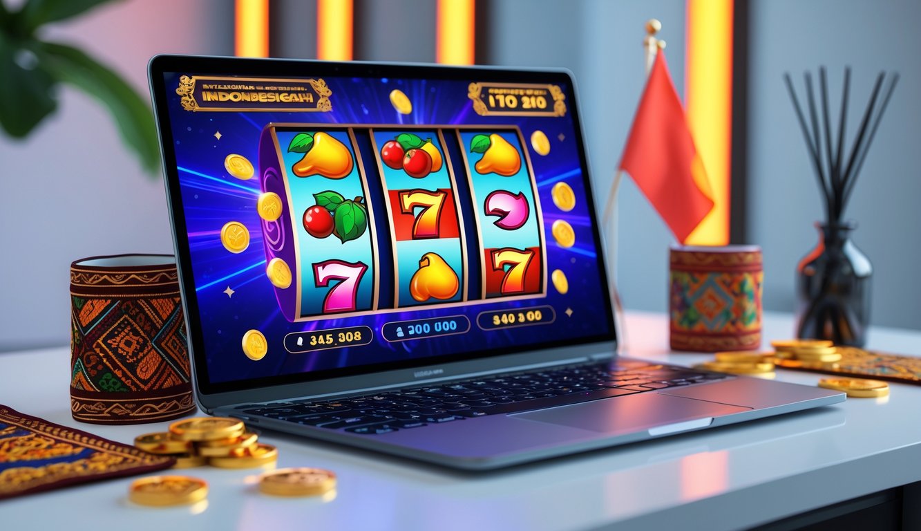 Sebuah layar komputer menampilkan permainan mesin slot online dengan simbol berwarna cerah, dikelilingi oleh elemen yang menunjukkan budaya Indonesia di meja kerja modern.