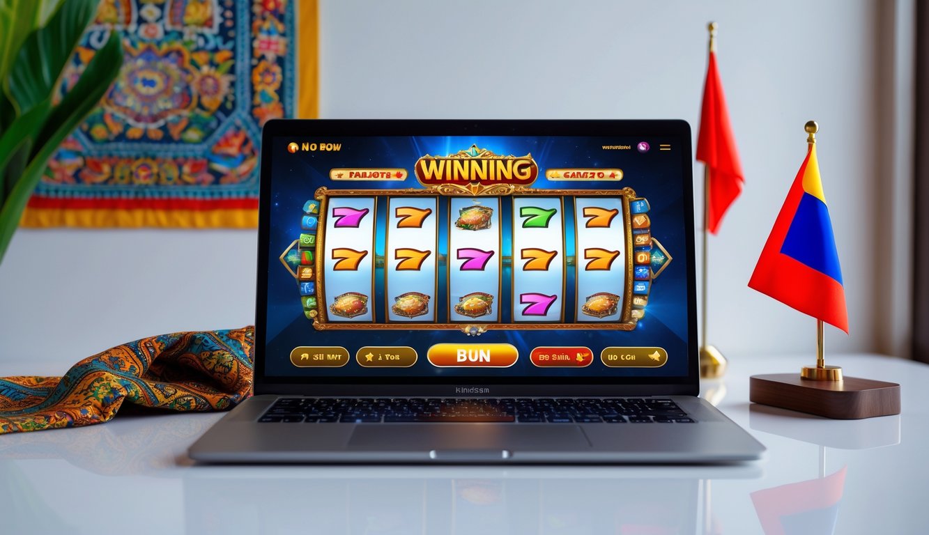 Suasana permainan slot online di depan layar komputer dengan elemen budaya Indonesia di latar belakang.