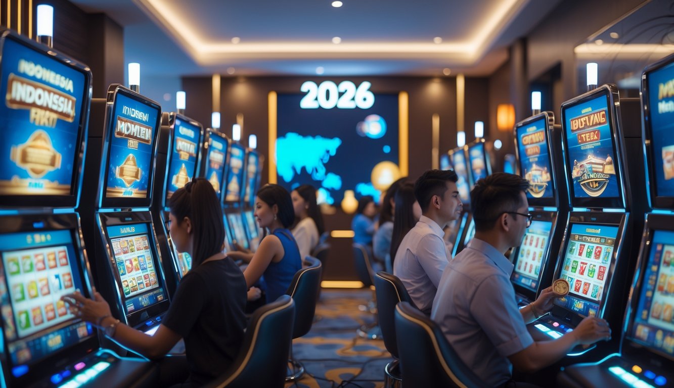 Beberapa orang sedang bermain mesin slot online di ruangan modern dengan layar besar dan dekorasi yang mencerminkan suasana Indonesia.