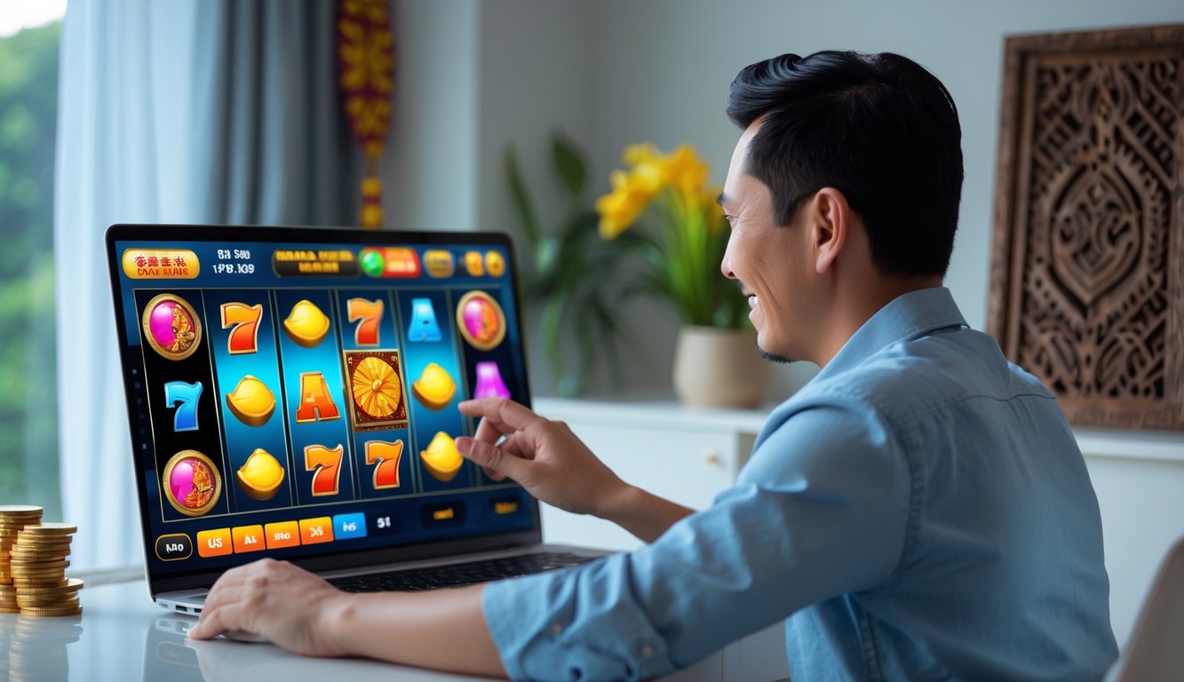 Seorang pemain dewasa Indonesia sedang bermain permainan slot online di komputer dengan latar ruangan yang rapi dan dekorasi tradisional kecil.