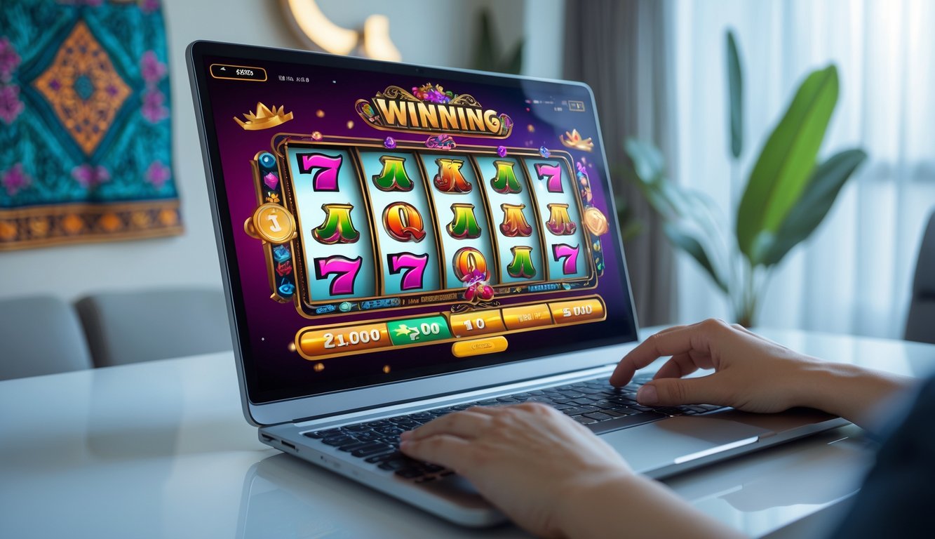 Seseorang menggunakan komputer dengan tampilan slot online yang berwarna-warni dan suasana yang cerah dan modern.