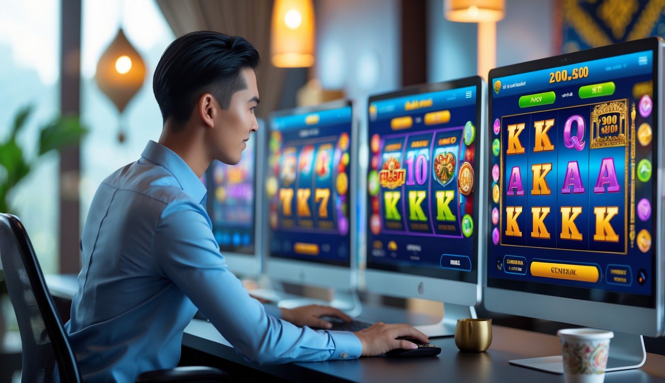 Seorang pria di depan komputer dengan layar menampilkan permainan mesin slot online yang berwarna-warni, di ruang kerja modern dengan dekorasi kecil bergaya Indonesia.