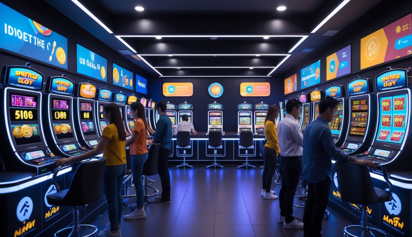 Orang-orang sedang menggunakan mesin slot digital di ruangan modern dengan layar berwarna cerah dan suasana futuristik yang menunjukkan kecepatan dan keandalan pembayaran.