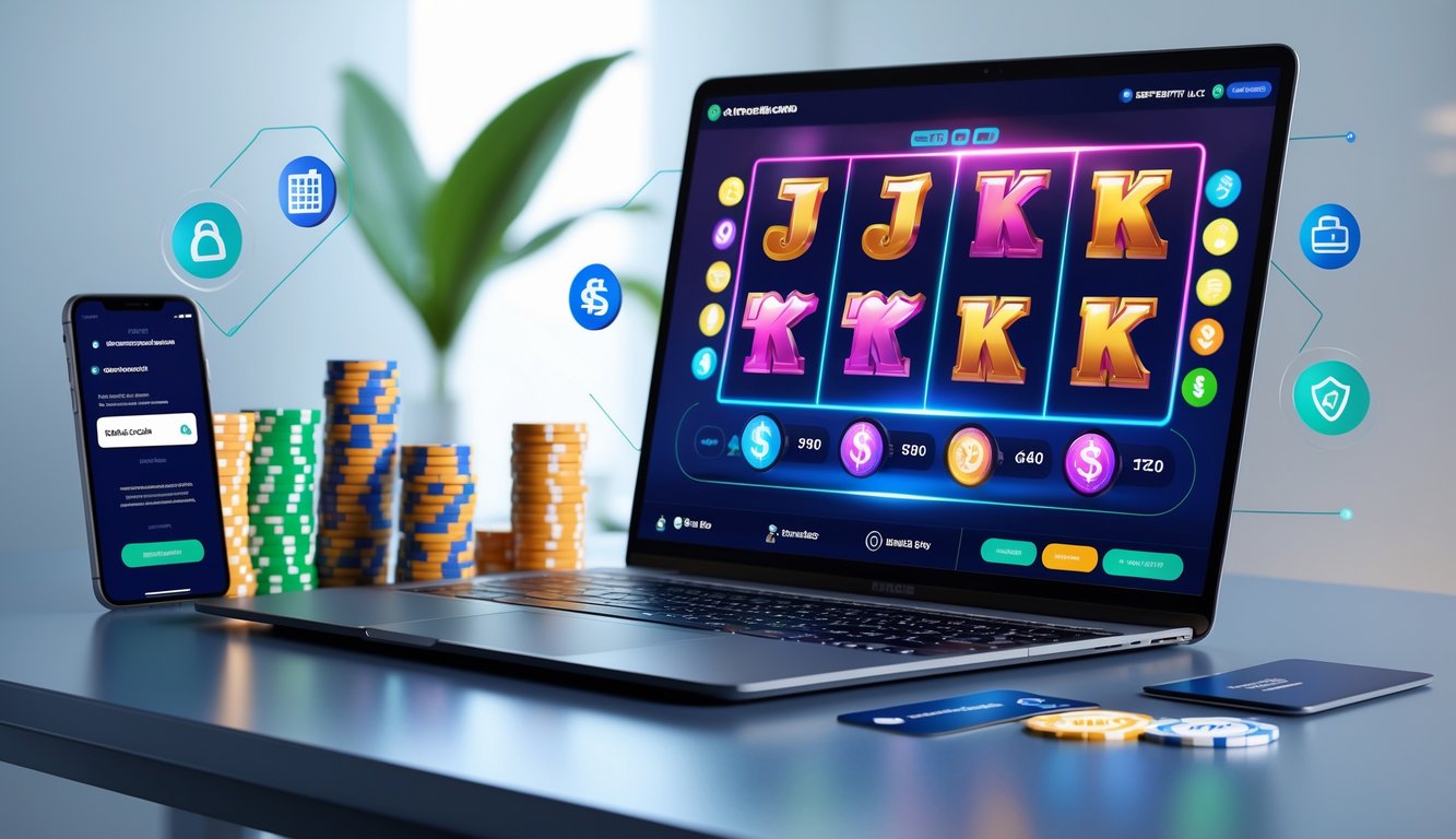 Meja kerja modern dengan laptop menampilkan permainan slot online berwarna-warni dan ikon pembayaran digital di sekitarnya.