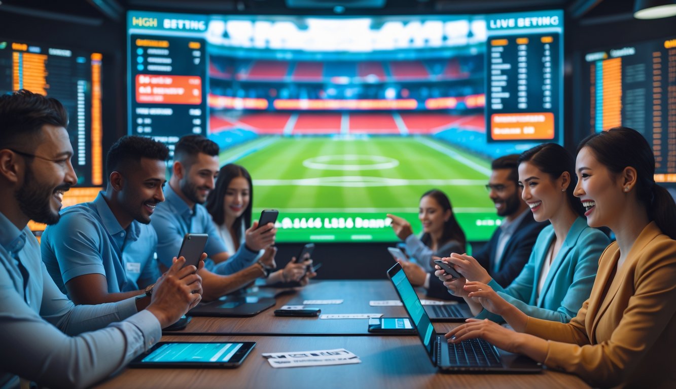 Orang-orang sedang memasang taruhan bola secara langsung dengan layar digital menampilkan statistik pertandingan sepak bola dan peluang taruhan yang berubah-ubah.