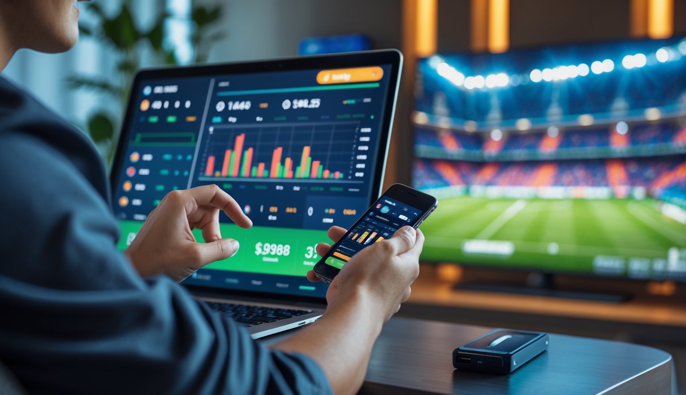 Seseorang sedang melihat layar perangkat dengan tampilan taruhan bola langsung dan grafik, dengan latar belakang stadion sepak bola yang sedang berlangsung.