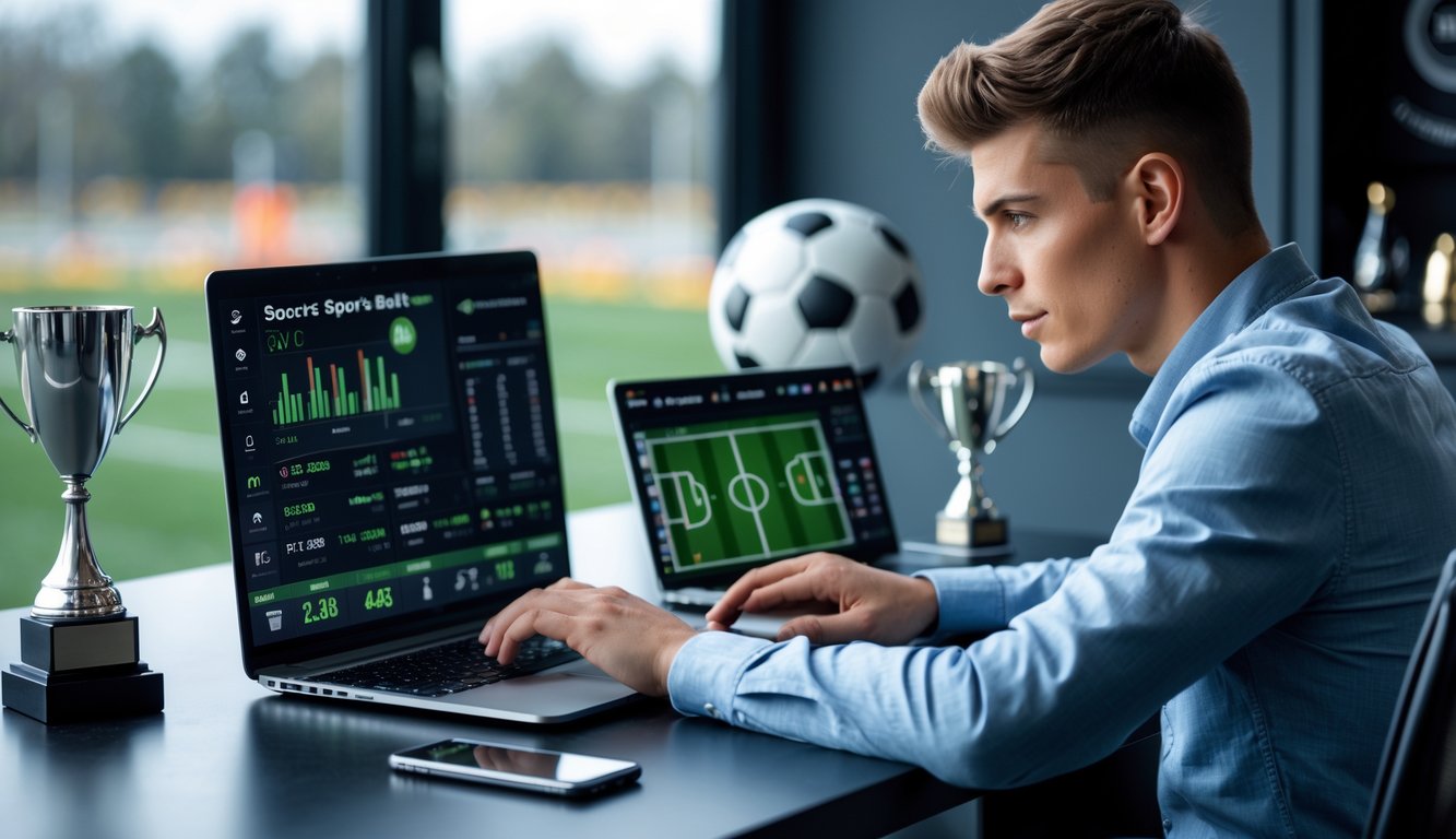 Seorang pemain taruhan bola yang fokus menggunakan laptop dan ponsel untuk melihat pertandingan sepak bola secara langsung dan peluang taruhan tinggi di ruangan modern.