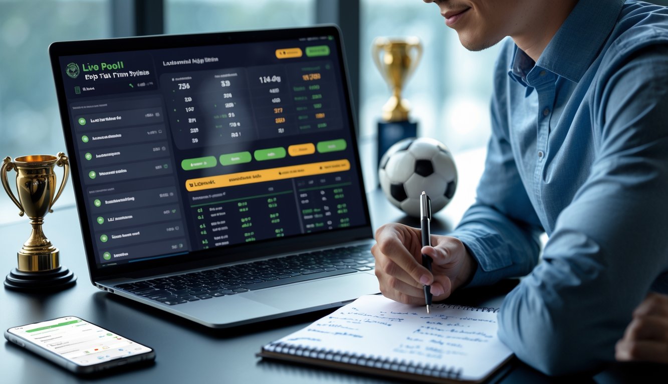 Seorang pemain taruhan bola sedang menganalisis data pertandingan sepak bola secara langsung dengan laptop dan ponsel di meja kerja.