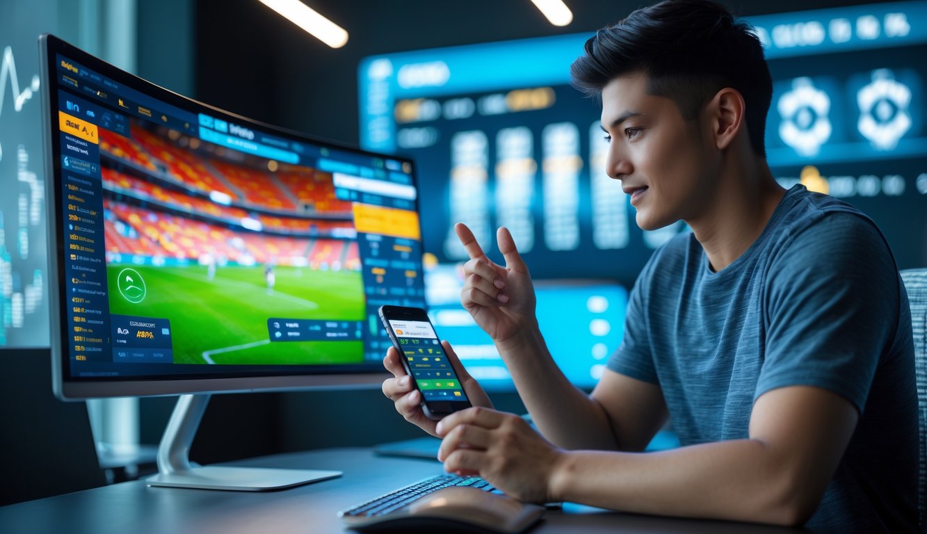 Seorang pria muda sedang menggunakan ponsel dan komputer dengan tampilan pertandingan sepak bola dan data taruhan secara langsung.