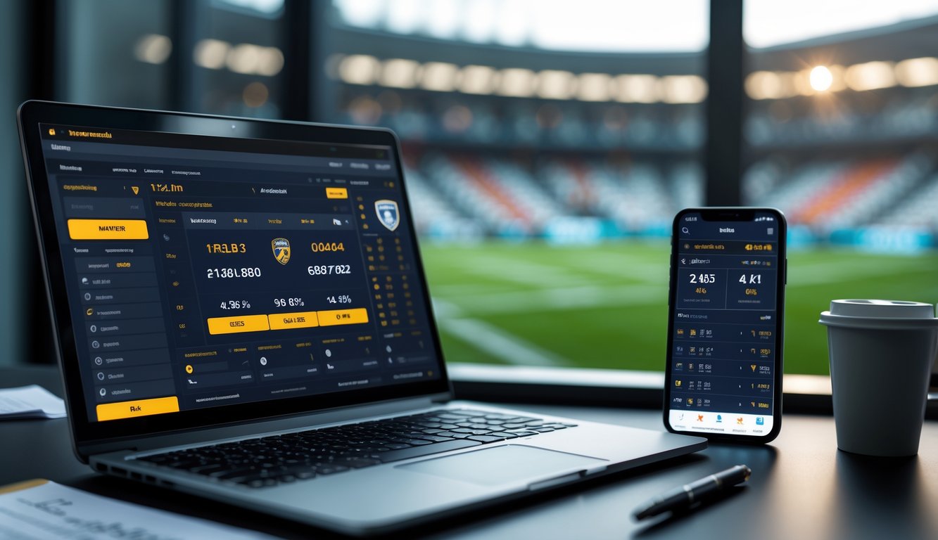 Seorang pria menggunakan laptop dan ponsel untuk melihat peluang taruhan bola secara langsung di meja kerja dengan latar belakang stadion sepak bola.