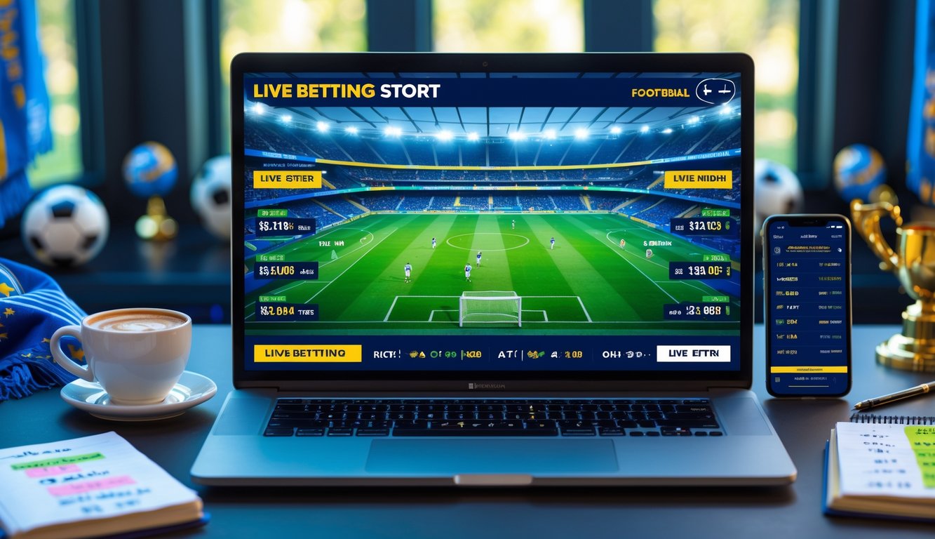 Seorang pria menggunakan laptop dengan layar menampilkan taruhan bola langsung dan peluang tinggi, di ruang kerja dengan suasana santai dan beberapa barang terkait sepak bola di sekitar.