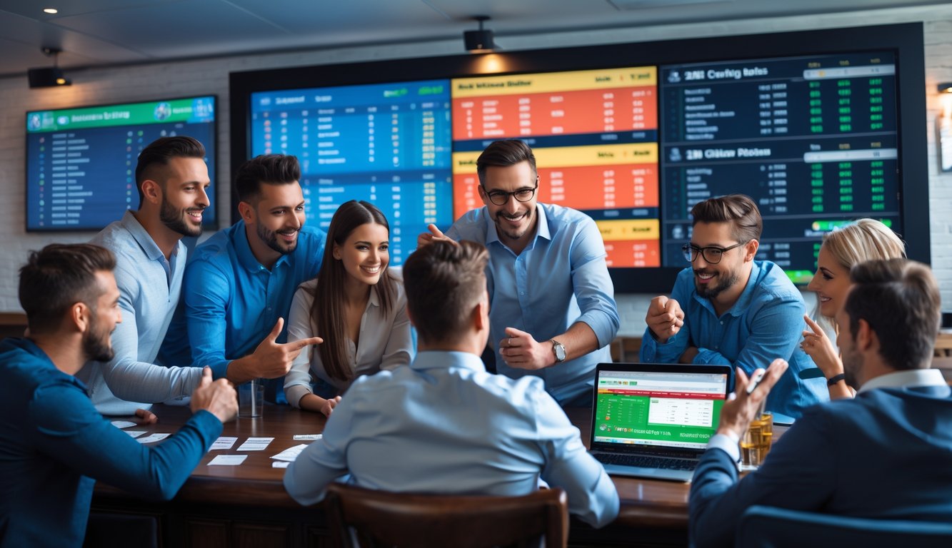 Sekelompok orang sedang melihat layar besar yang menampilkan statistik dan peluang taruhan sepak bola secara langsung di sebuah ruangan modern.