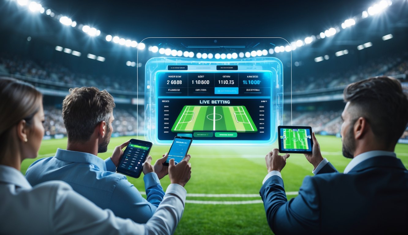 Beberapa orang sedang menggunakan perangkat digital untuk memasang taruhan bola secara langsung di stadion yang penuh penonton.