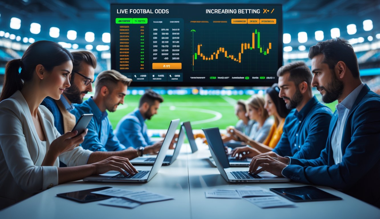Beberapa orang sedang menggunakan perangkat elektronik untuk memasang taruhan sepak bola secara langsung dengan layar besar menampilkan statistik dan peluang taruhan di latar belakang.