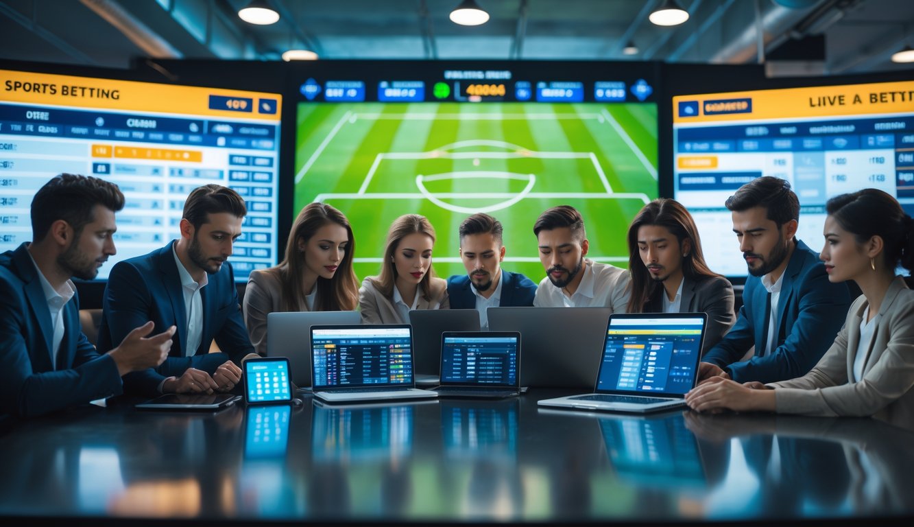 Sekelompok orang fokus menggunakan perangkat digital untuk memasang taruhan bola secara langsung dengan tampilan pertandingan sepak bola di layar besar.
