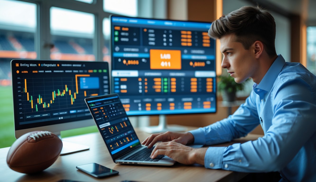 Seorang pria muda fokus melihat layar komputer dan ponsel yang menampilkan data taruhan bola dan grafik pertandingan secara langsung.