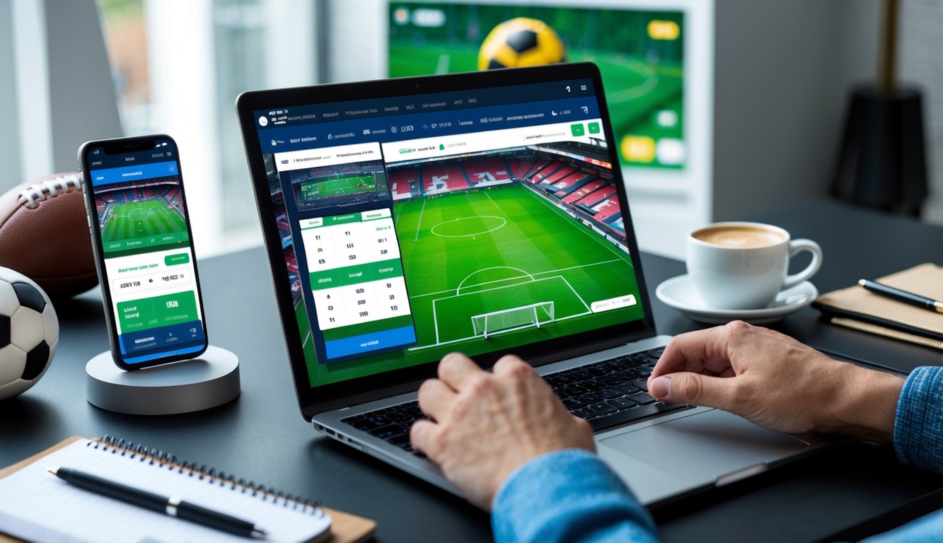 Seseorang menggunakan laptop dan ponsel untuk memasang taruhan bola secara online dengan pertandingan sepak bola yang sedang berlangsung di layar.