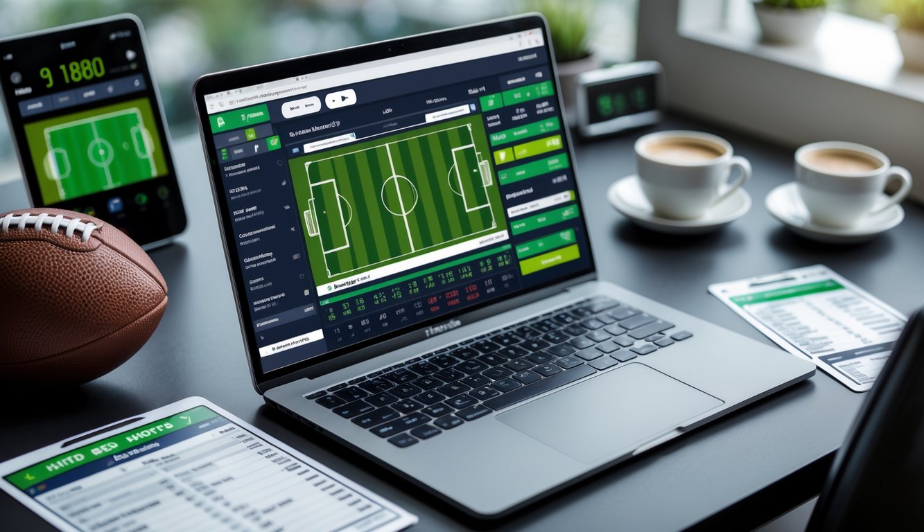 Meja kerja dengan laptop yang menampilkan pertandingan sepak bola langsung dan peluang taruhan, bola sepak, slip taruhan, dan ponsel dengan aplikasi taruhan.
