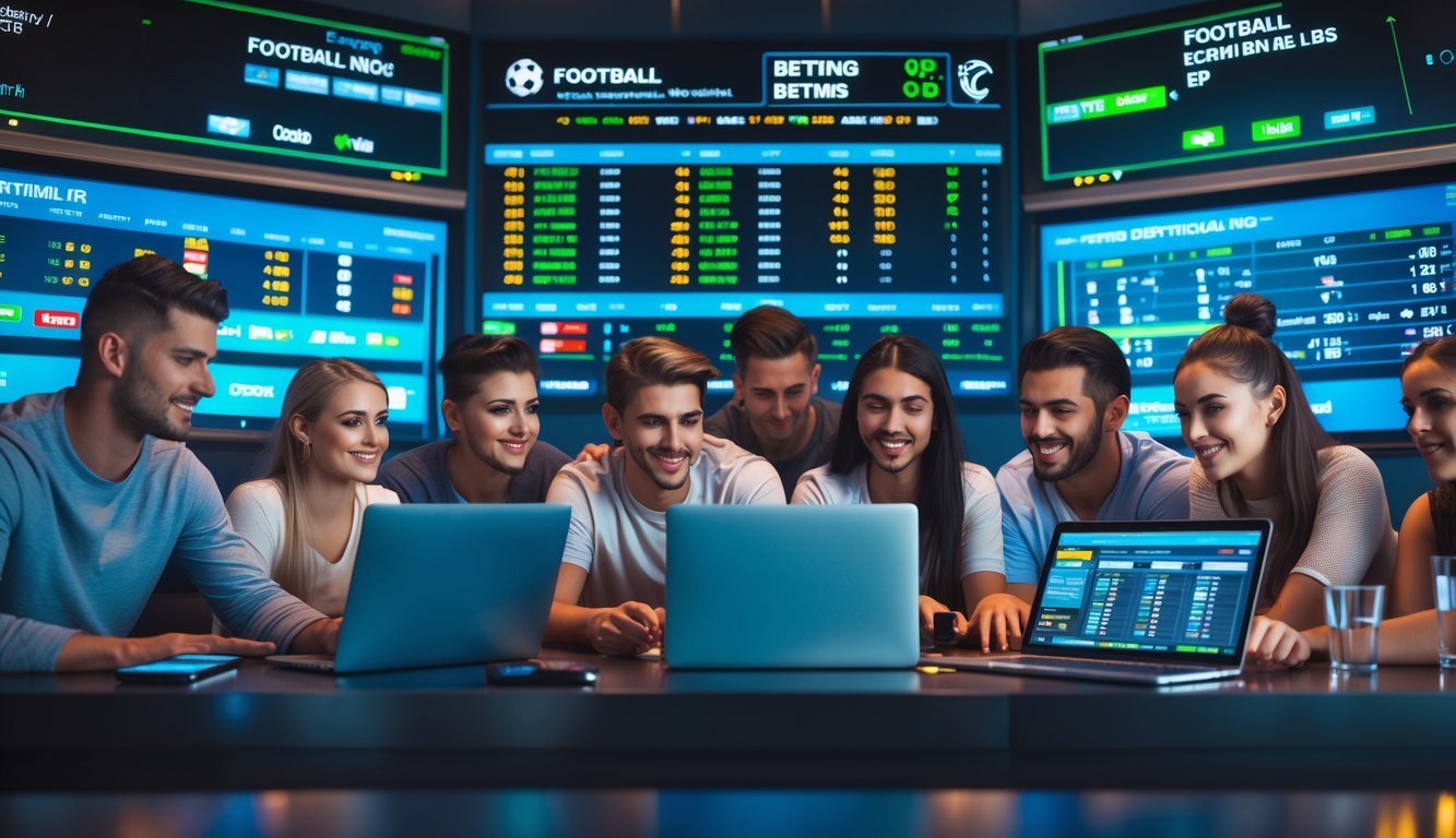 Sekelompok orang muda sedang melihat layar besar yang menampilkan data taruhan sepak bola secara langsung di sebuah ruang taruhan modern.