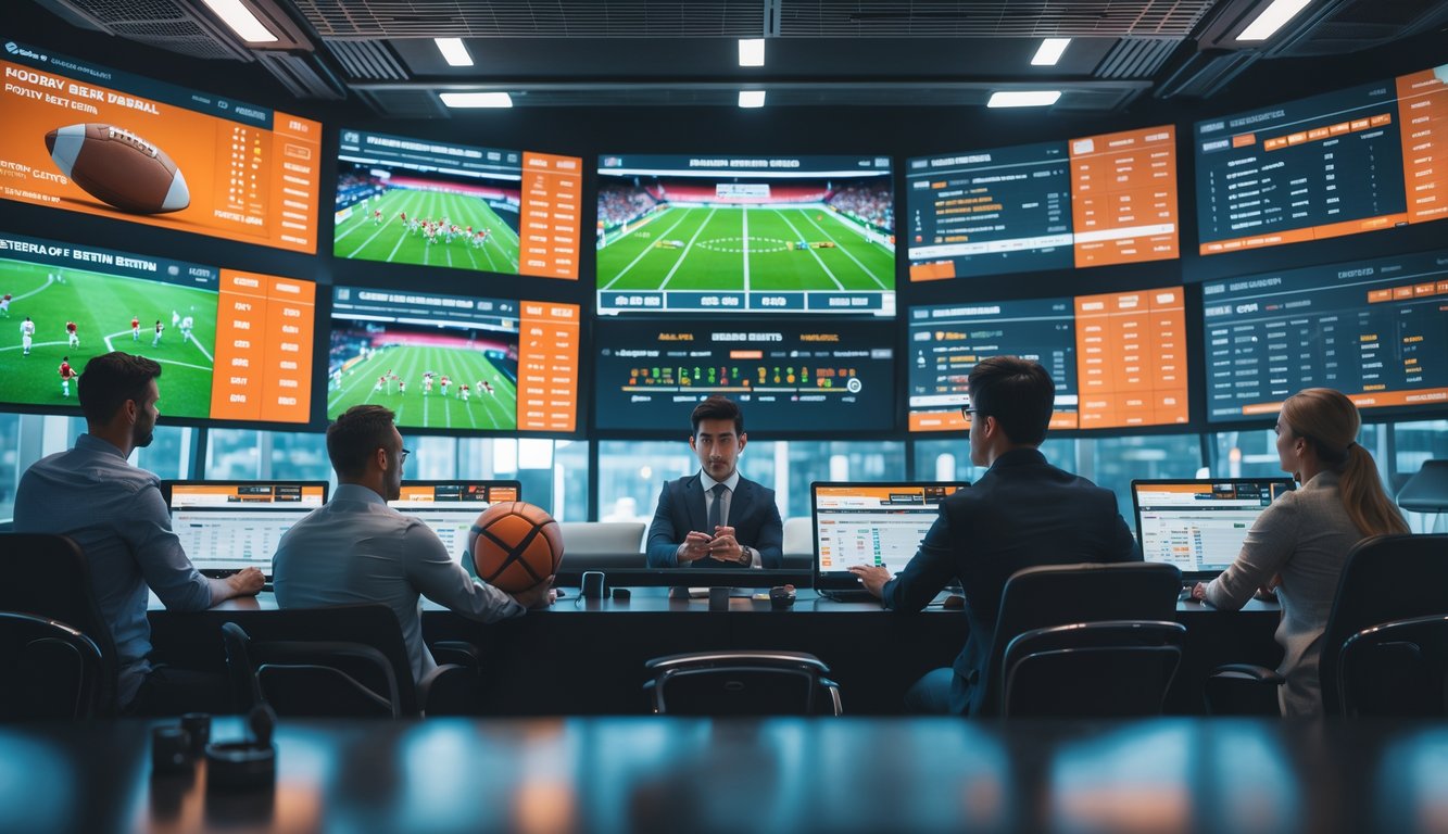 Orang-orang di ruangan modern menonton pertandingan sepak bola langsung dan memasang taruhan menggunakan perangkat digital.