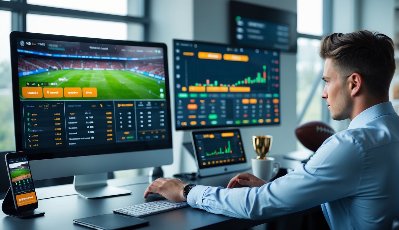 Seseorang sedang menggunakan komputer untuk memasang taruhan bola secara langsung dengan tampilan pertandingan sepak bola dan grafik peluang di layar.