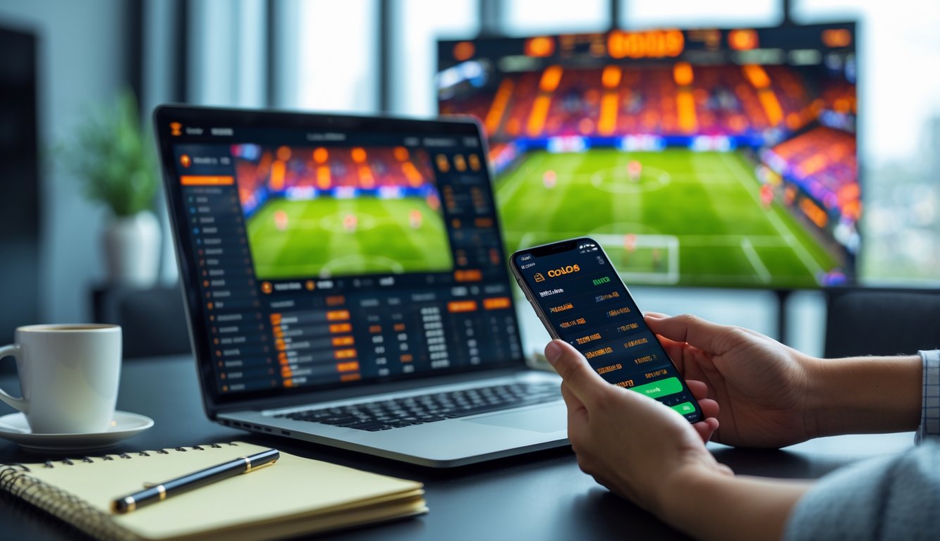 Seseorang menggunakan laptop dan ponsel untuk memasang taruhan langsung pada pertandingan sepak bola yang sedang berlangsung.
