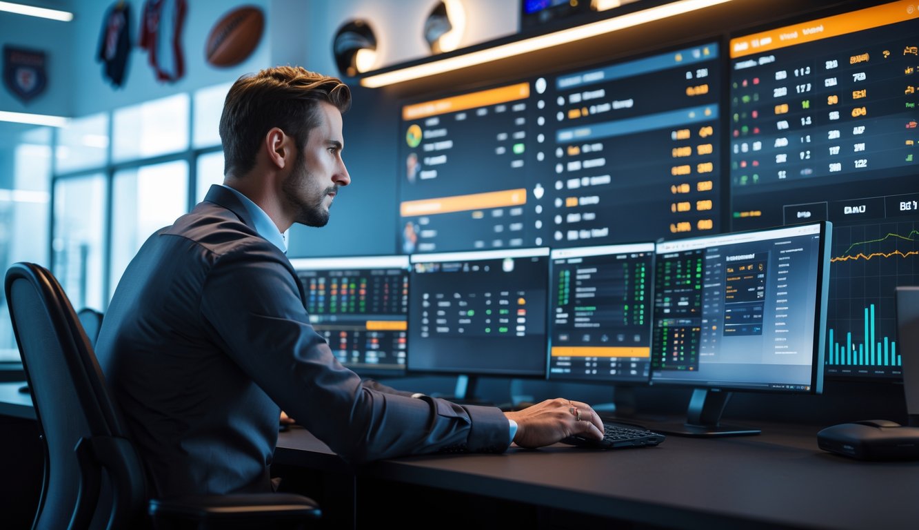 Seorang pria profesional duduk di depan beberapa layar yang menampilkan pertandingan sepak bola langsung dan data taruhan.