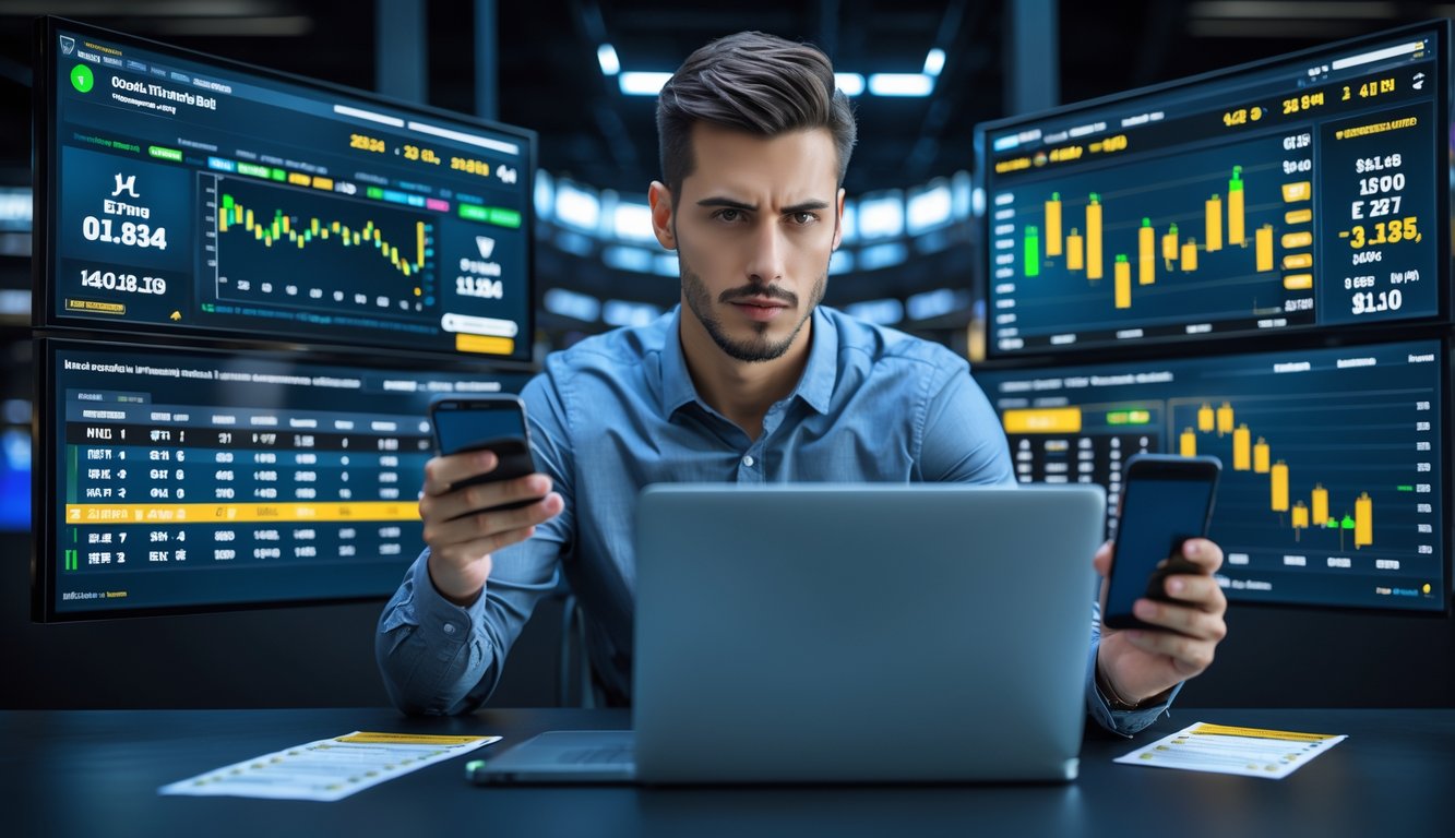 Seorang pria fokus melihat layar besar yang menampilkan data taruhan bola dan statistik pertandingan secara langsung.