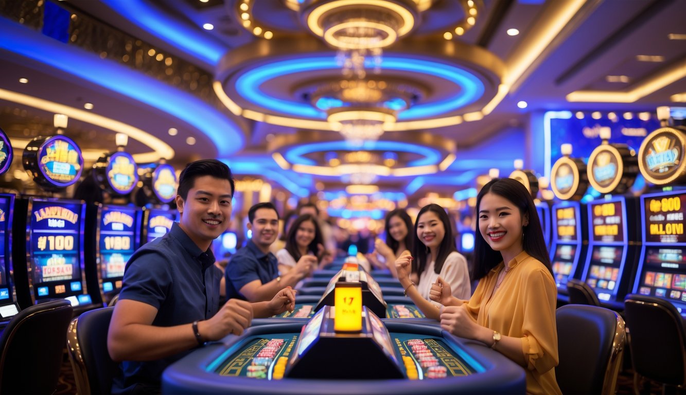 Orang-orang bermain mesin slot dan kartu di kasino Macau yang mewah dengan suasana cerah dan penuh semangat.