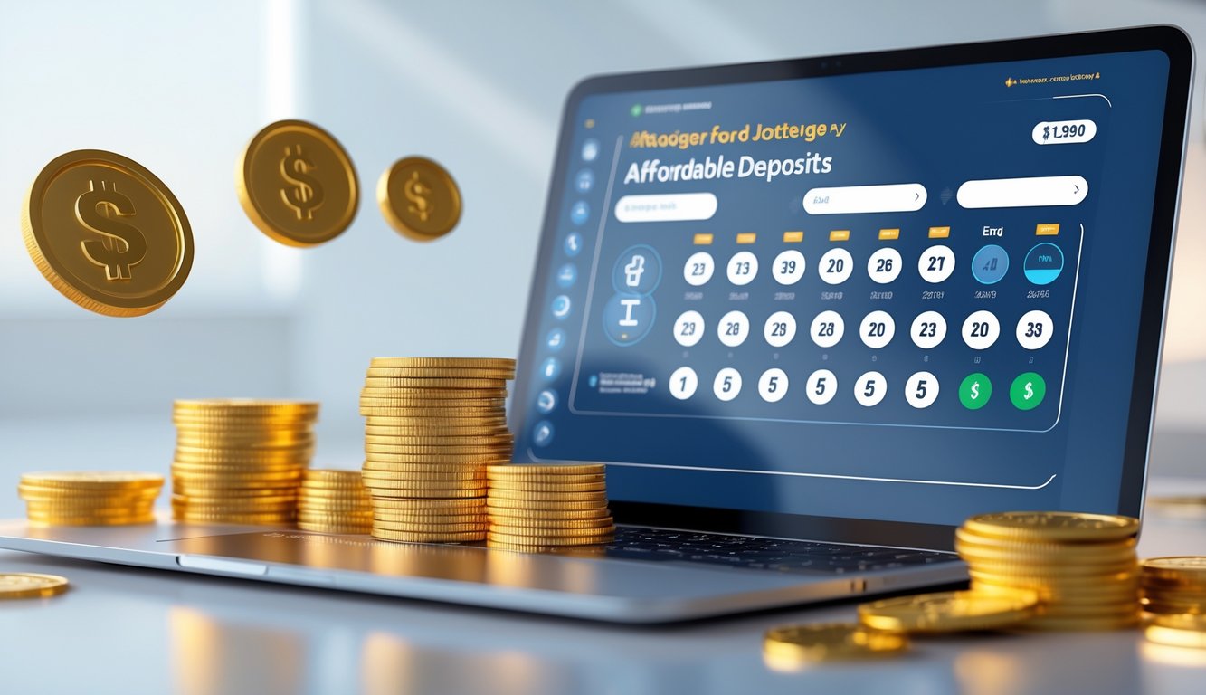 Layar perangkat digital menampilkan angka lotere dan jumlah jackpot dengan tumpukan uang dan koin emas di sekitarnya.
