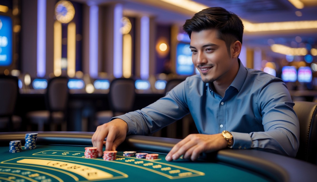Seorang pria muda duduk di meja permainan kasino modern, fokus memasang taruhan di papan permainan digital dengan suasana kasino yang mewah.