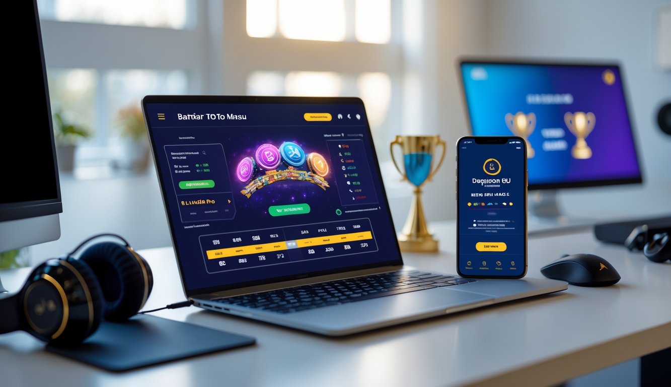 Sebuah meja kerja modern dengan laptop menampilkan antarmuka taruhan online dan ponsel yang menunjukkan konfirmasi deposit, dilengkapi dengan aksesori gaming dan pencahayaan alami.