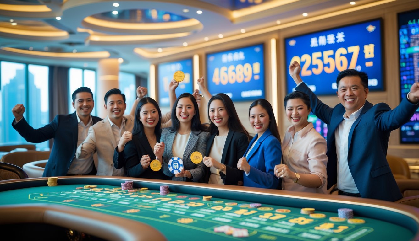 Sekelompok orang merayakan kemenangan di kasino modern dengan latar belakang meja permainan dan pemandangan kota Macau.