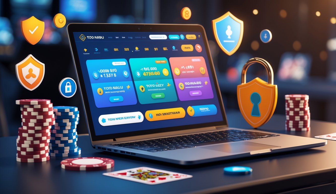 Sebuah meja kerja modern dengan laptop yang menampilkan situs taruhan Toto Macau, dikelilingi oleh simbol keamanan dan chip kasino.