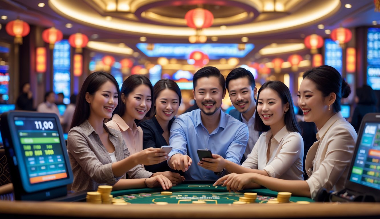 Beberapa orang bermain taruhan di kasino Macau dengan suasana cerah dan dekorasi tradisional, menunjukkan pengalaman taruhan yang mudah dan menyenangkan.