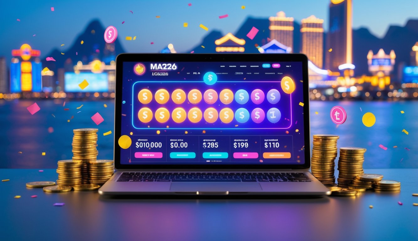 Sebuah laptop modern di atas meja dengan layar menampilkan antarmuka situs lotere online, dikelilingi oleh tumpukan koin dan dekorasi perayaan, dengan latar belakang kota Macau yang diterangi lampu pada waktu senja.