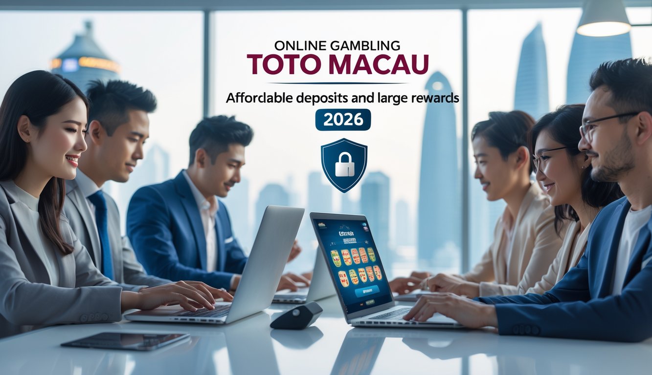 Beberapa orang menggunakan laptop dan ponsel di ruang kerja modern dengan latar belakang pemandangan kota Macau.