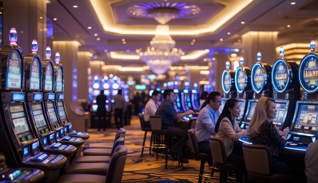 Suasana kasino modern di Macau dengan pemain yang menikmati permainan dan mesin slot di latar belakang.