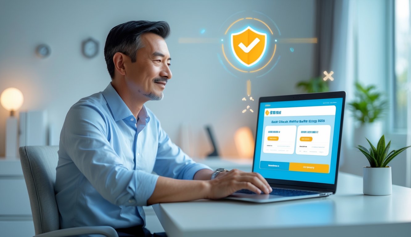 Seseorang duduk di depan laptop di meja modern, menunjukkan suasana percaya diri dan fokus dalam memilih situs Bandar Toto Macau yang aman.