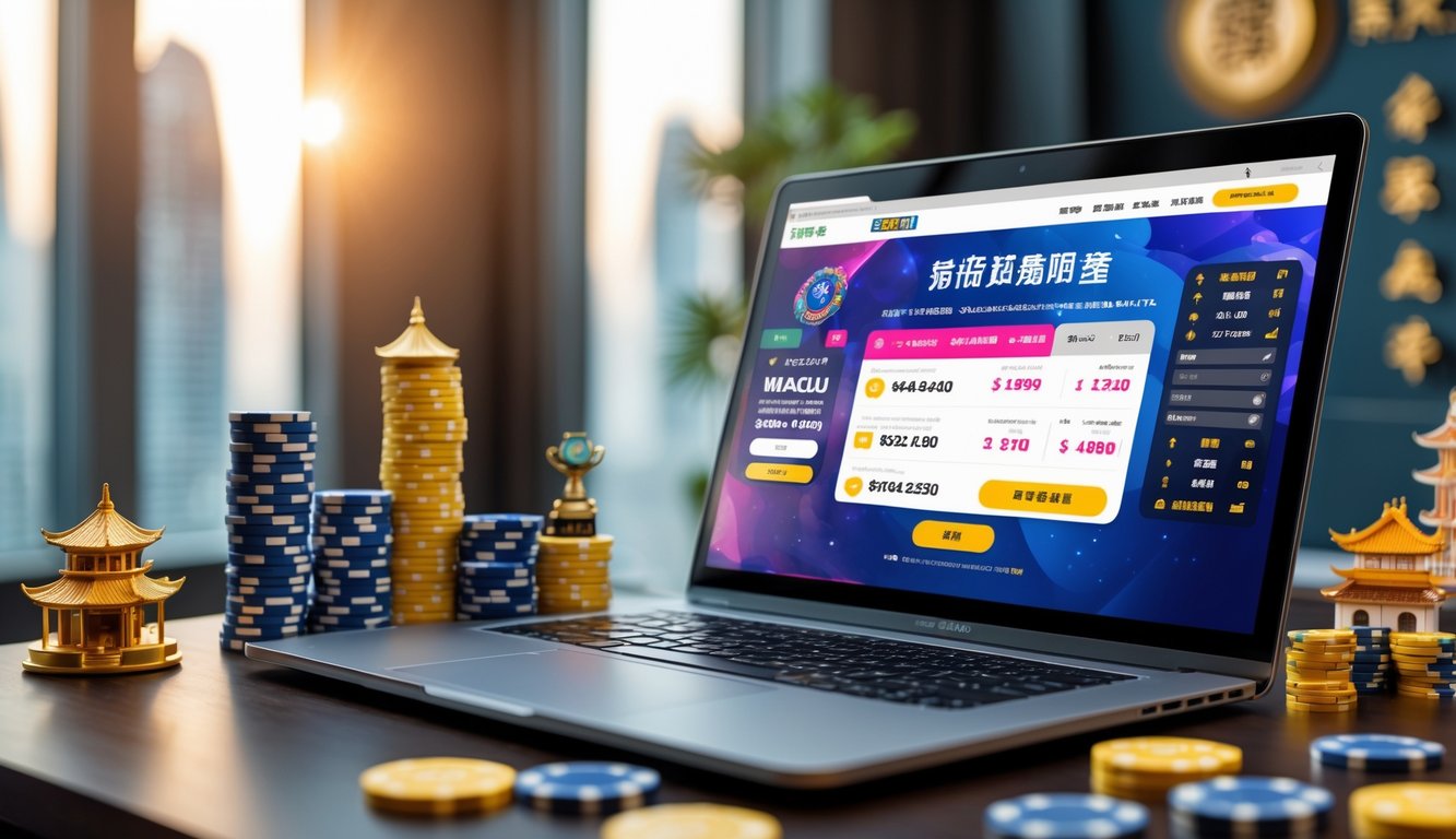 Seorang pria duduk di depan laptop dengan tampilan situs taruhan Toto Macau dan beberapa chip kasino di meja.