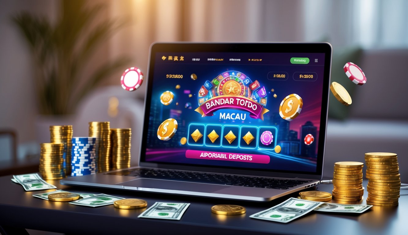Seseorang menggunakan komputer dengan tampilan situs judi Bandar Toto Macau, dikelilingi chip kasino dan uang, menunjukkan suasana permainan dengan peluang hadiah besar dan deposit terjangkau.