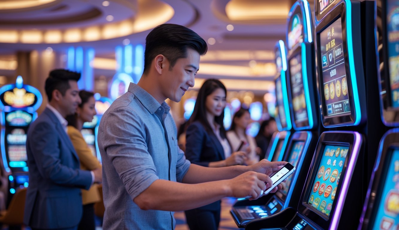 Seorang pria muda melakukan transaksi deposit murah di kasino yang ramai dengan mesin slot dan meja permainan di latar belakang.