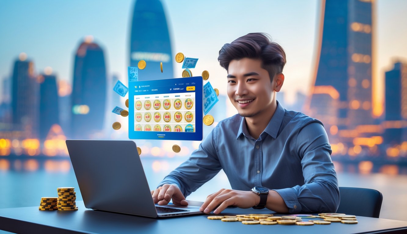 Seorang pria muda duduk di meja dengan laptop dan smartphone, di latar belakang terlihat pemandangan kota Macau, menunjukkan suasana bermain judi dengan modal terjangkau.