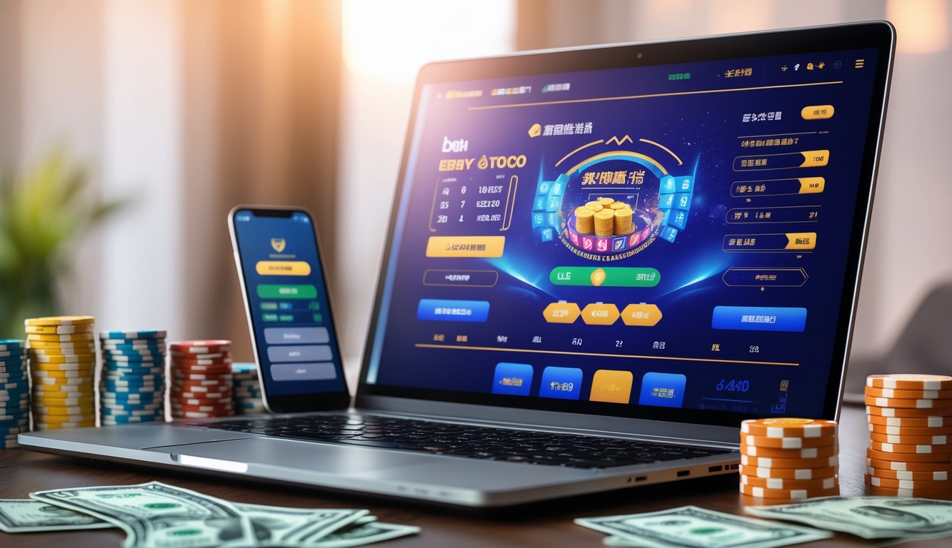 Seseorang menggunakan komputer dengan tampilan permainan taruhan Bandar Toto Macau, dikelilingi oleh chip kasino dan ponsel yang menunjukkan transaksi.
