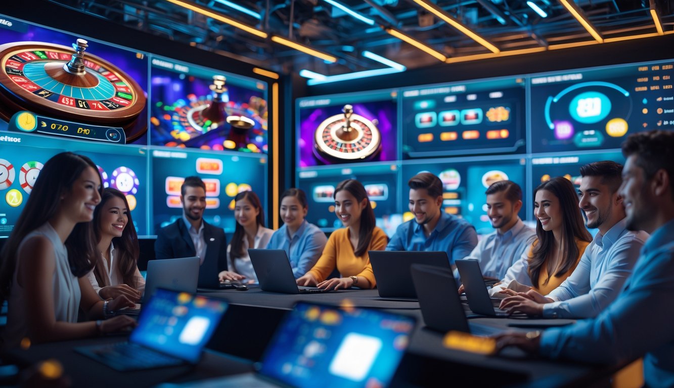 Beberapa orang bermain permainan kasino online dengan perangkat elektronik di ruangan modern yang menunjukkan koneksi internet cepat dan lancar.