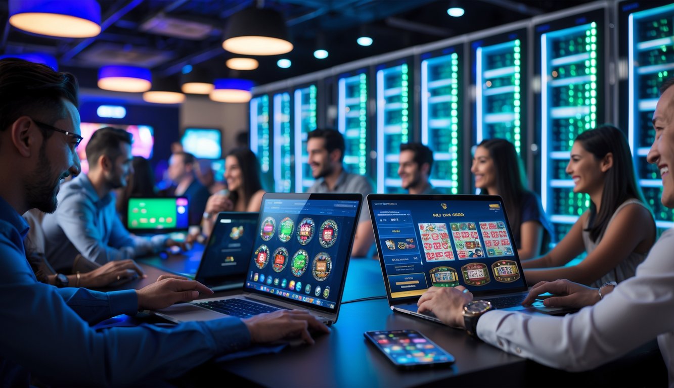 Orang-orang bermain permainan kasino langsung menggunakan perangkat digital di ruangan dengan rak server berlampu di latar belakang.