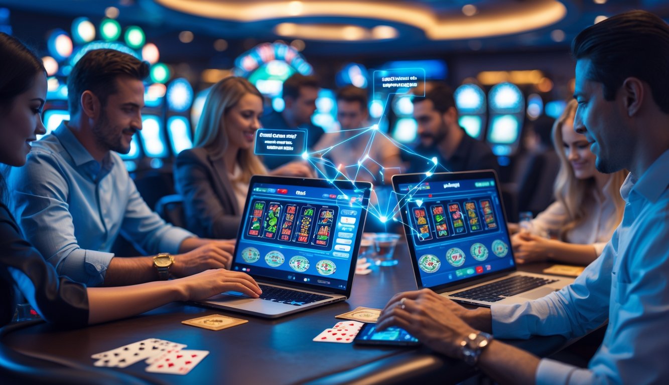 Orang-orang menggunakan perangkat elektronik untuk bermain kasino online dengan jaringan digital yang menghubungkan mereka, menunjukkan pengalaman taruhan yang lancar.
