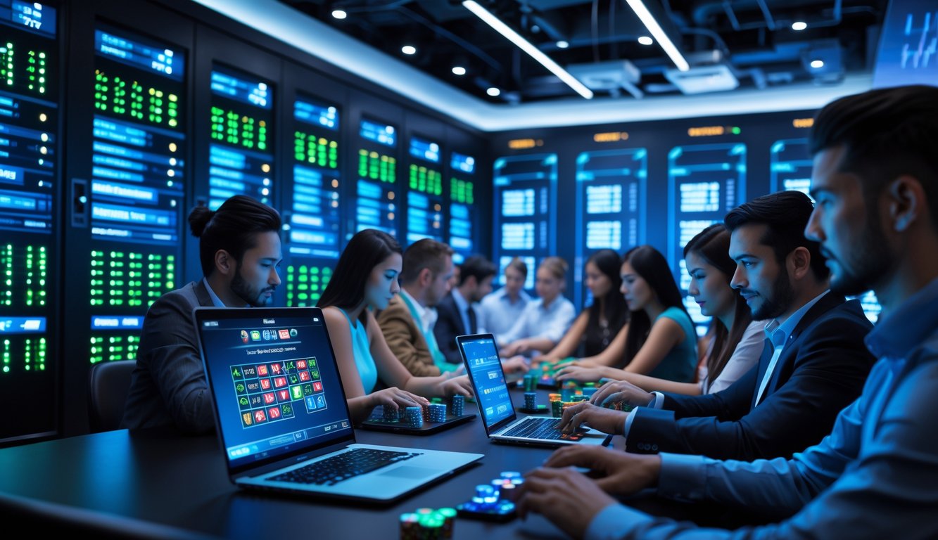 Sejumlah pemain menggunakan perangkat digital untuk bermain live casino online dengan latar belakang ruang server berteknologi tinggi yang menyala.