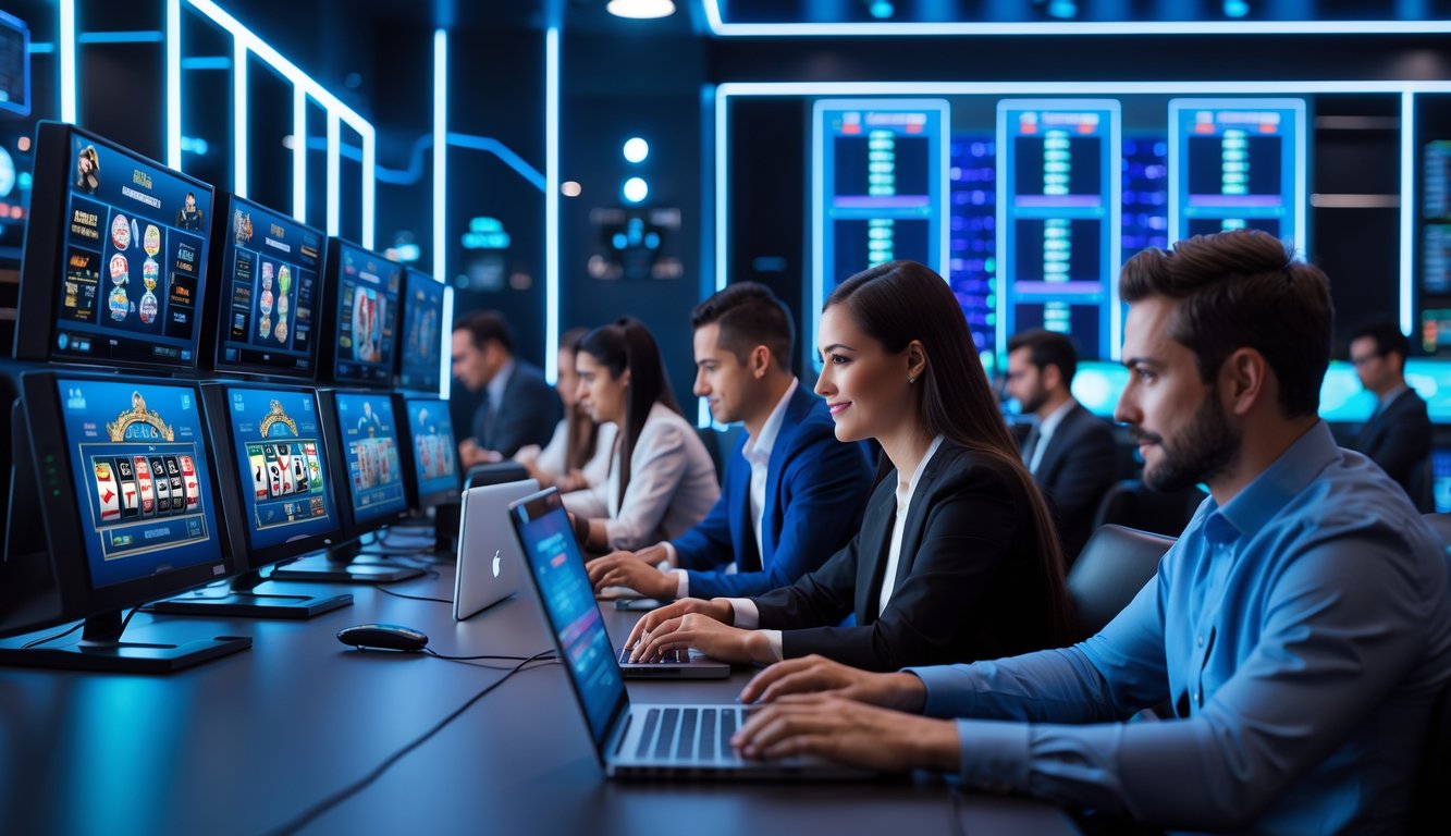 Seorang pemain kasino online menggunakan laptop dan smartphone di ruangan permainan dengan monitor menampilkan permainan kasino langsung dan latar belakang server berlampu biru.